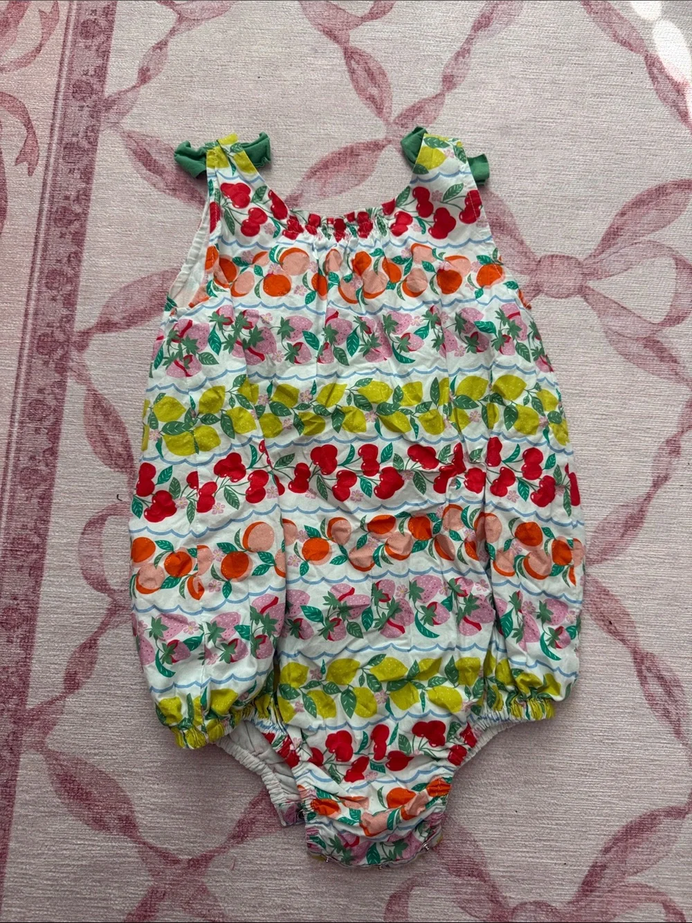 Boden Multi-Colored Fruit Print Romper with Green Tie Straps
